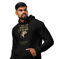 Zoomed-in view of male model wearing My Breath Bears His Name Hoodie in Black, front glowing breath design