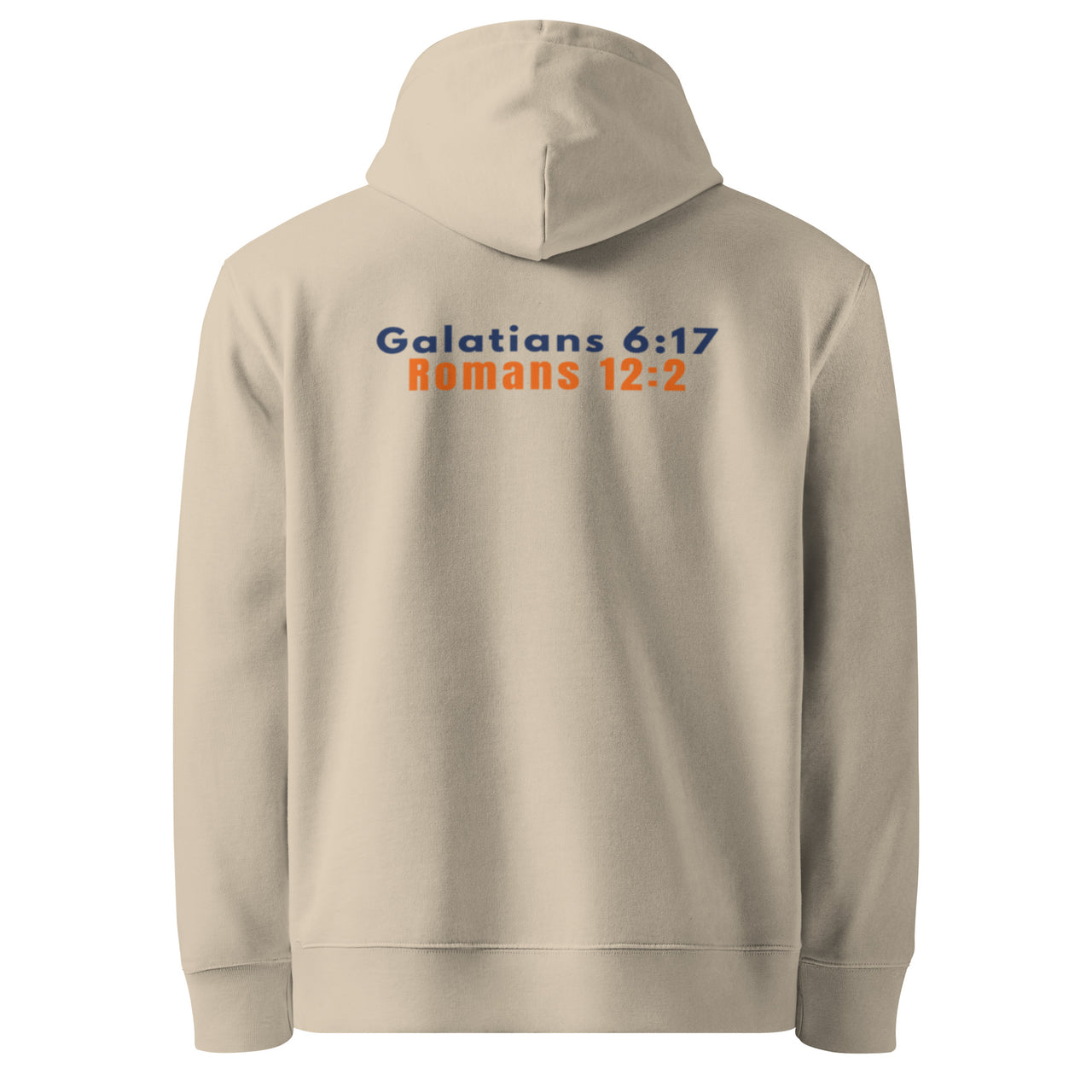 Marked & Chosen desert dust back of hoodie – faith-based neutral tone hoodie with minimalist gospel design