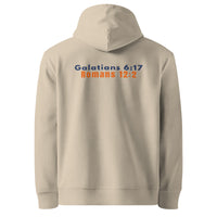 Marked & Chosen desert dust back of hoodie – faith-based neutral tone hoodie with minimalist gospel design
