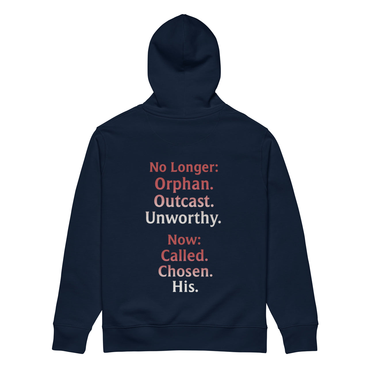 Renamed Hoodie Navy flat lay mockup showing back word stack design