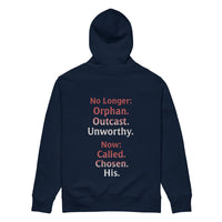 Renamed Hoodie Navy flat lay mockup showing back word stack design