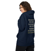 Female model wearing My Breath Bears His Name Hoodie in Navy, back word stack design