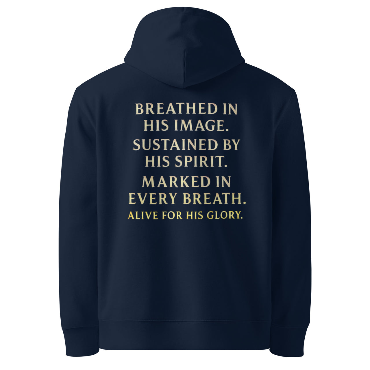 My Breath Bears His Name Hoodie Navy flat mockup, back word stack design