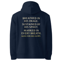My Breath Bears His Name Hoodie Navy flat mockup, back word stack design
