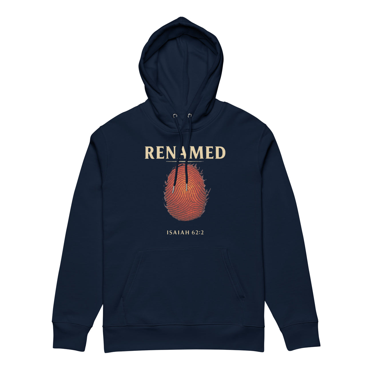 Renamed Hoodie Navy flat lay mockup showing front fingerprint design