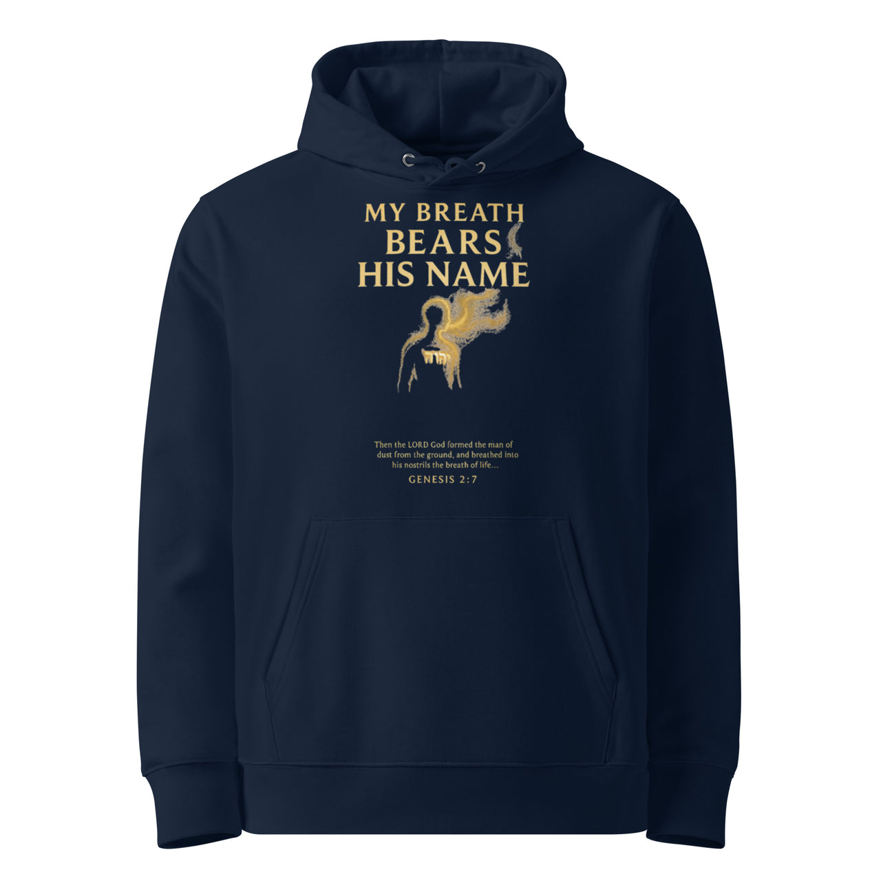 My Breath Bears His Name Hoodie Navy flat mockup, front glowing breath design