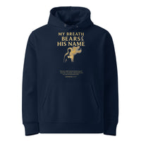My Breath Bears His Name Hoodie Navy flat mockup, front glowing breath design