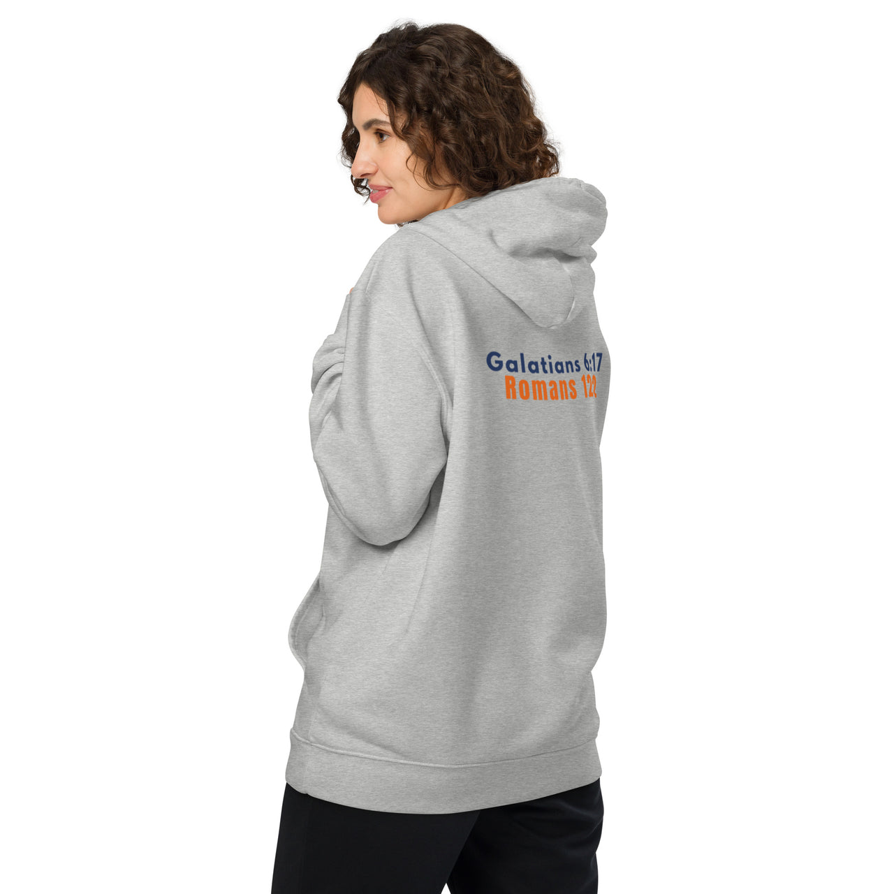 Marked & Chosen heather gray back of hoodie female model – comfortable Christian apparel with spiritual symbolism