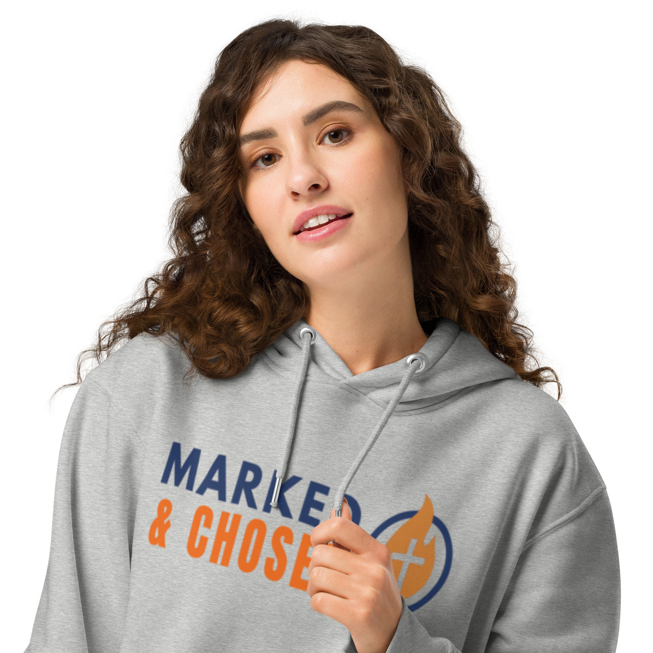 Marked & Chosen heather gray front of hoodie female model – comfortable Christian apparel with spiritual symbolism