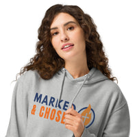 Marked & Chosen heather gray front of hoodie female model – comfortable Christian apparel with spiritual symbolism