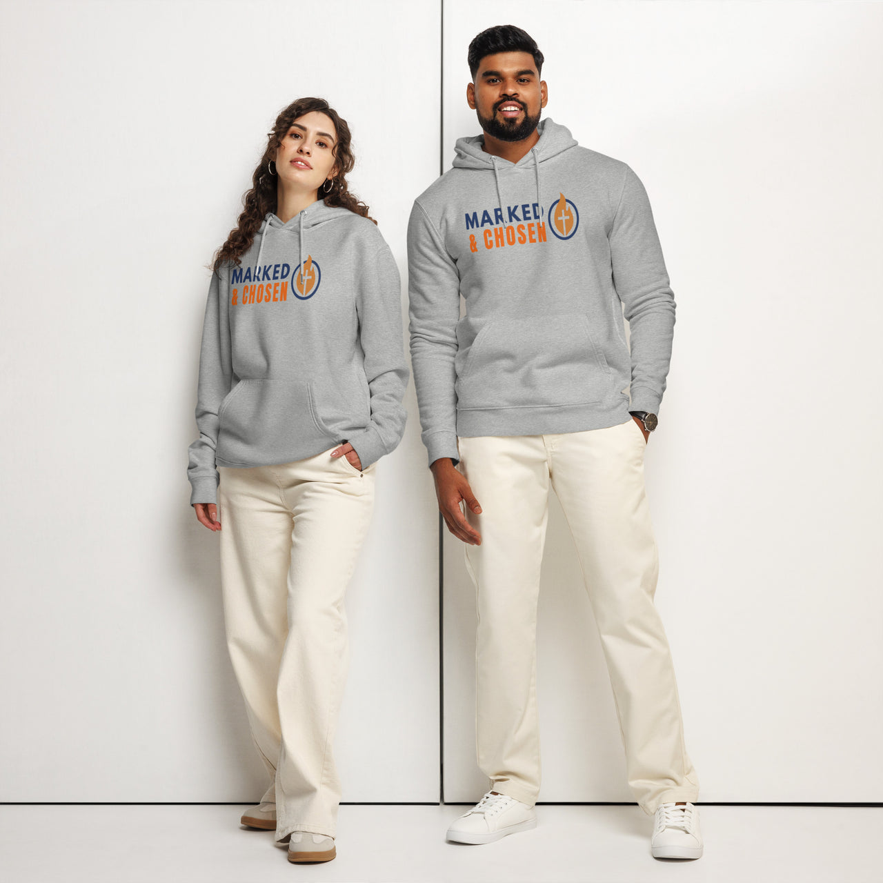 Marked & Chosen heather gray front of hoodie male and female model – comfortable Christian apparel with spiritual symbolism