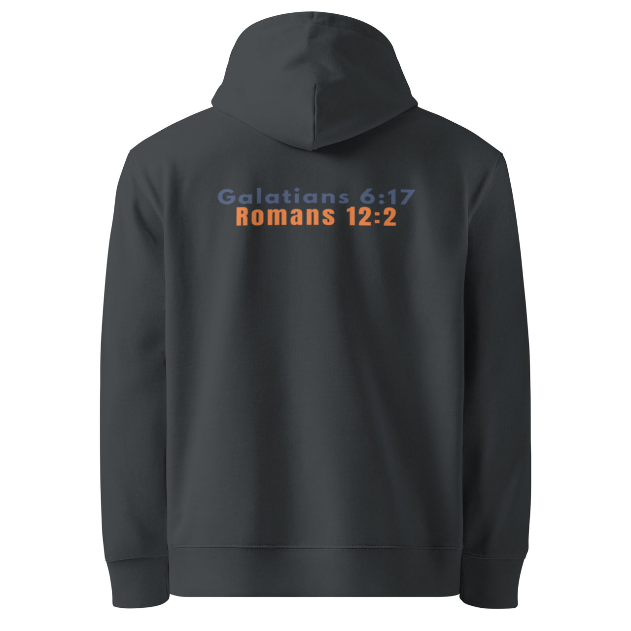 Marked & Chosen dark gray Christian back of hoodie – premium streetwear for believers set apart by fire