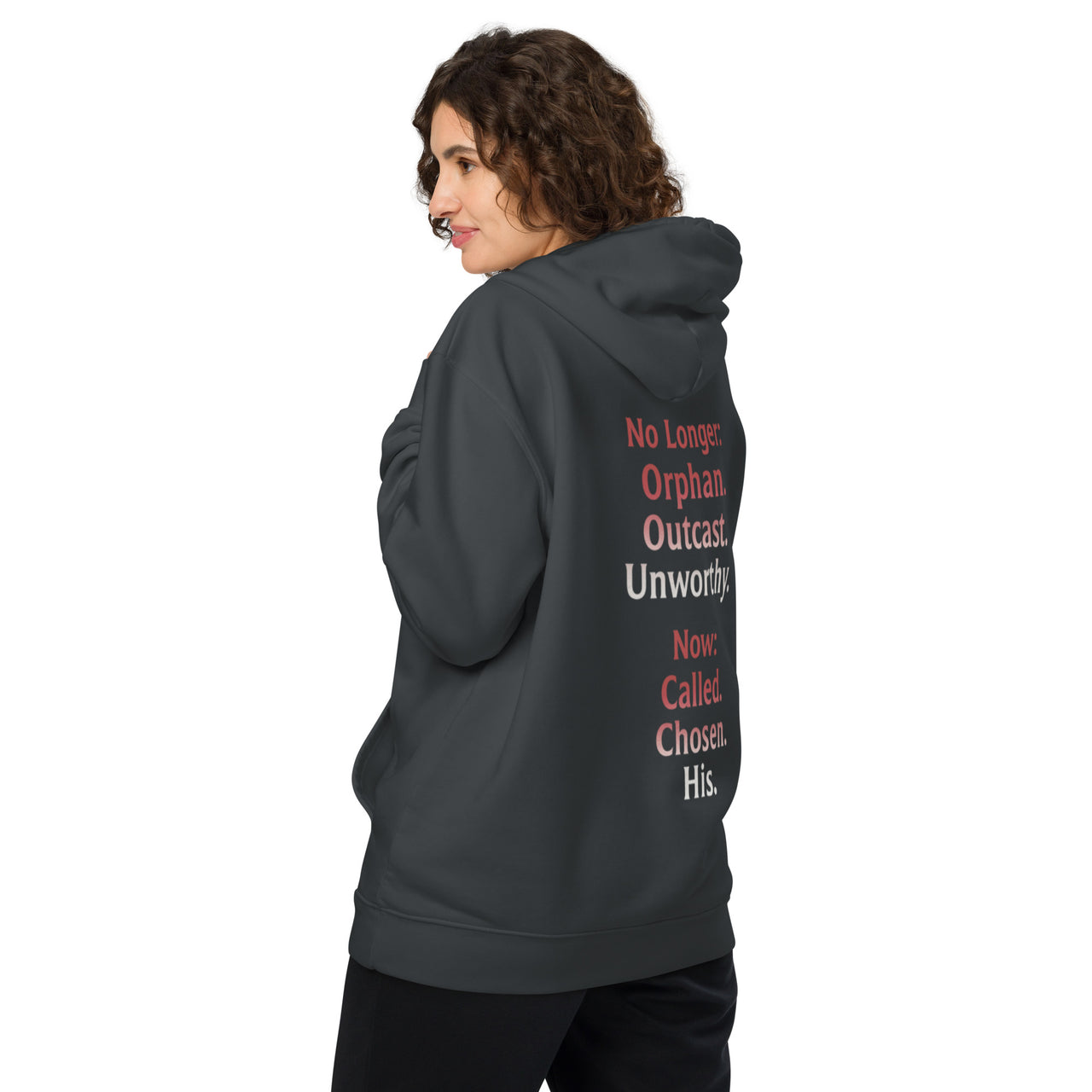 Female model wearing Renamed Hoodie in Dark Grey, back word stack design