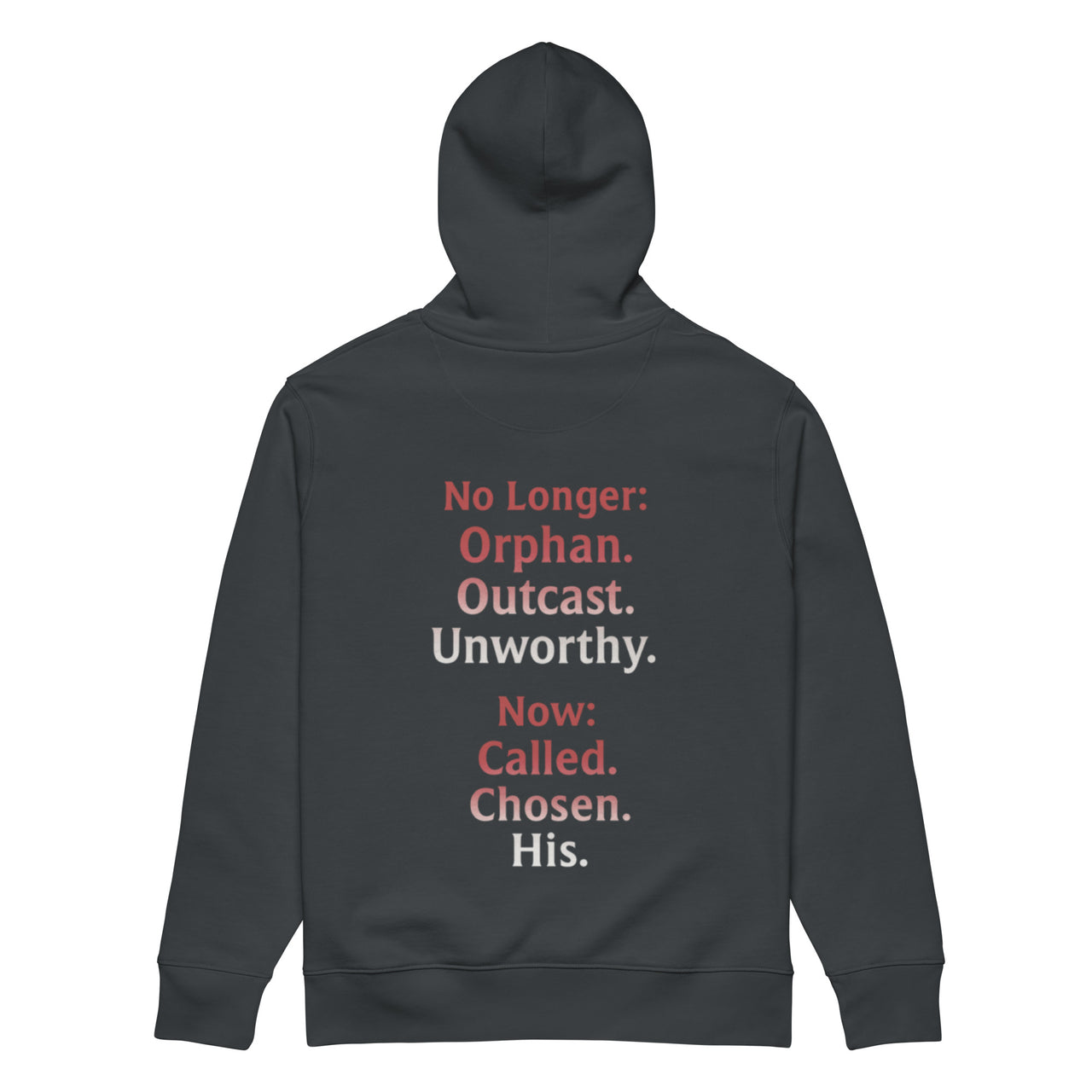 Renamed Hoodie Dark Grey flat lay mockup showing back word stack design
