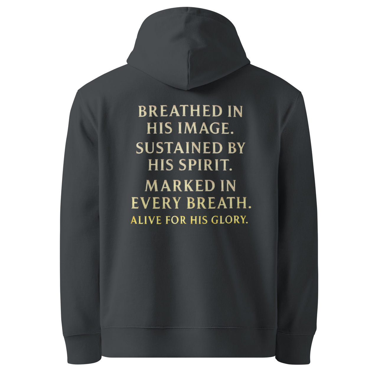 My Breath Bears His Name Hoodie Dark Grey flat mockup, back word stack design