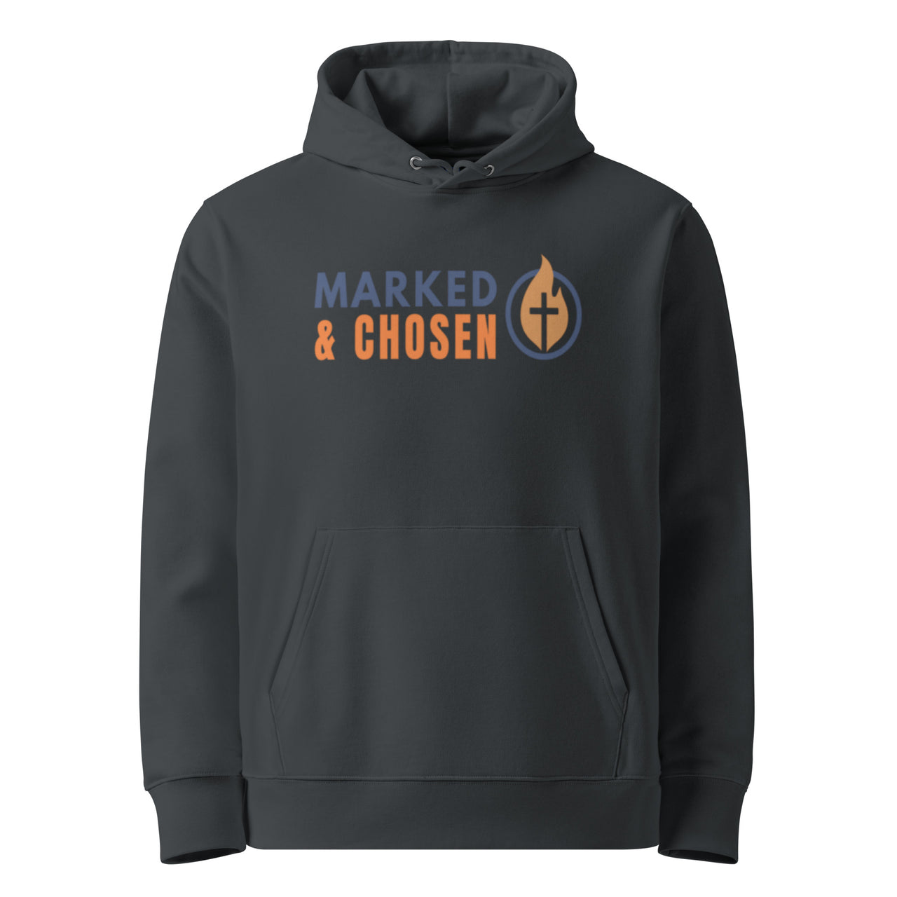 Marked & Chosen dark gray Christian front of hoodie – premium streetwear for believers set apart by fire