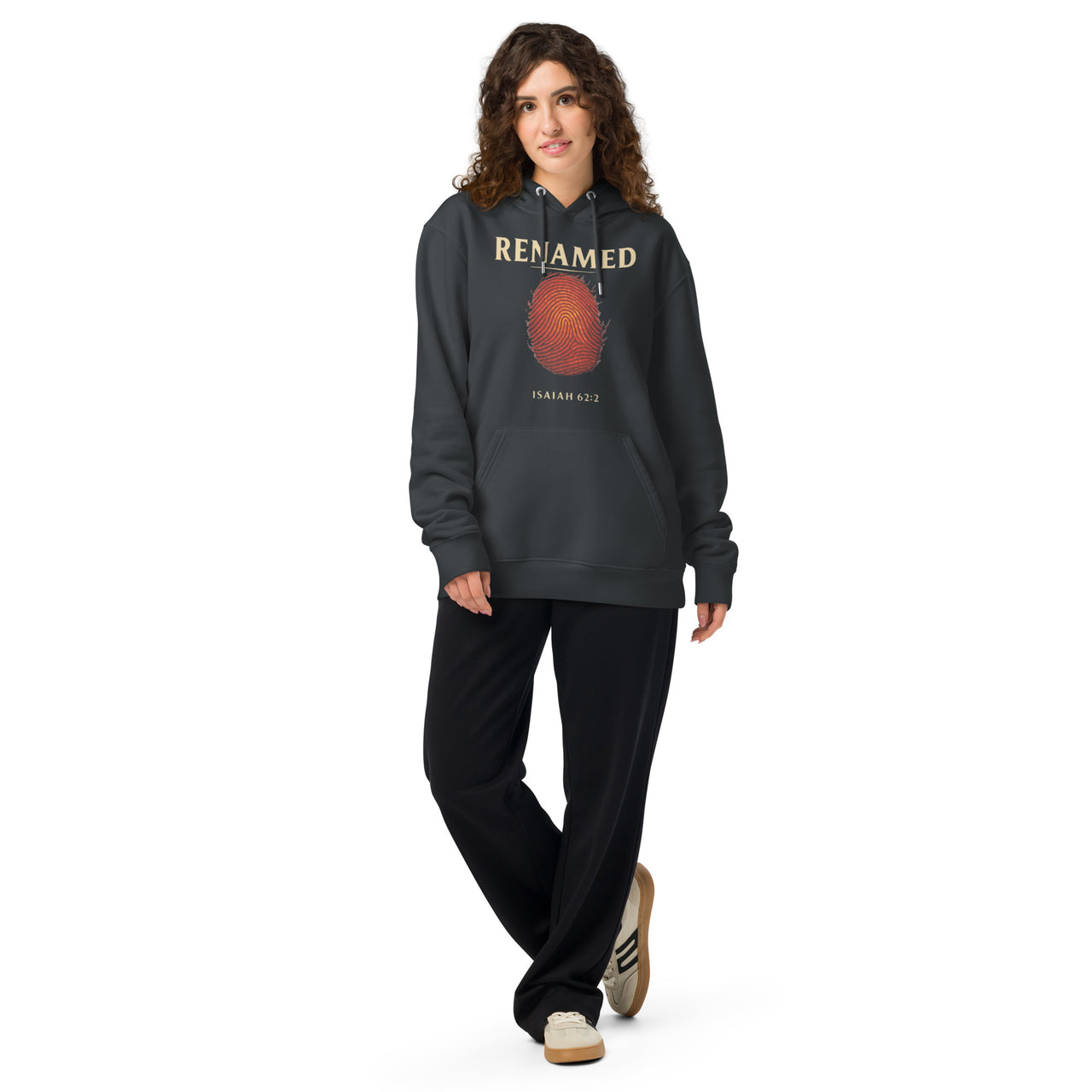 Female model wearing Renamed Hoodie in Dark Grey, front fingerprint design