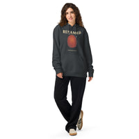 Female model wearing Renamed Hoodie in Dark Grey, front fingerprint design