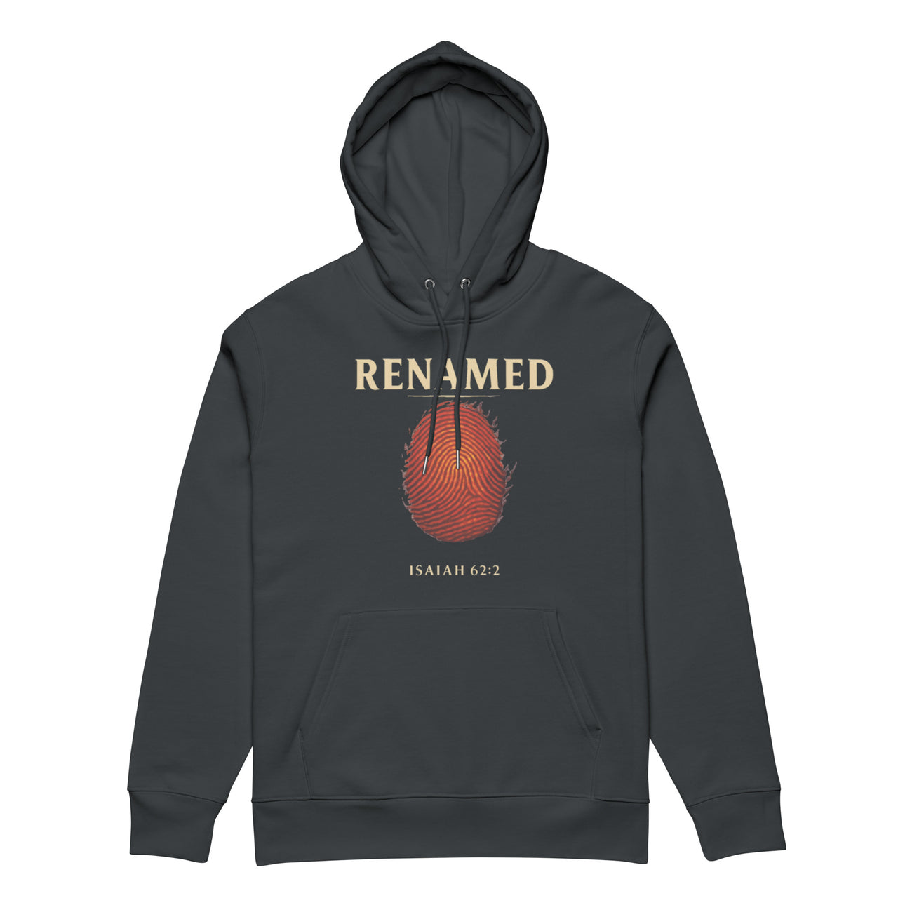 Renamed Hoodie Dark Grey flat lay mockup showing front fingerprint design