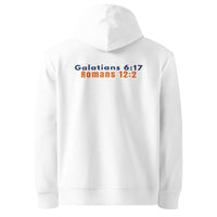 Marked & Chosen white back of hoodie – clean and bold Christian streetwear made with organic fabric