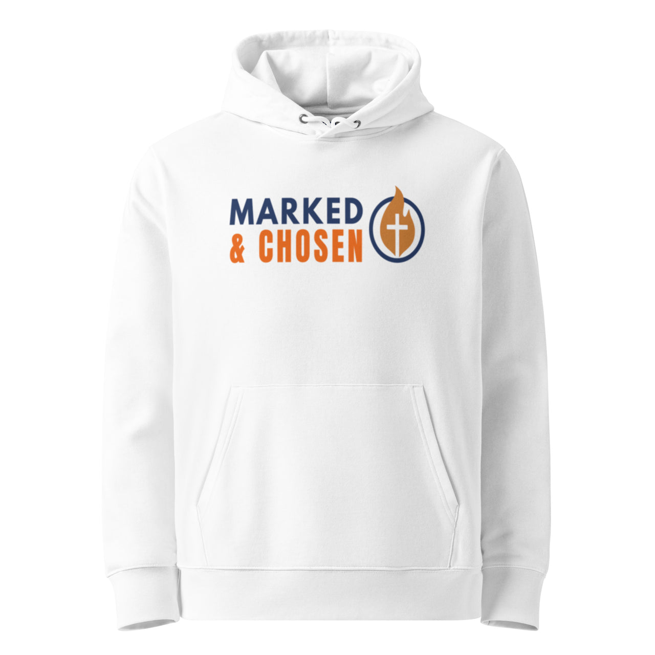 Marked & Chosen white front of hoodie – clean and bold Christian streetwear made with organic fabric
