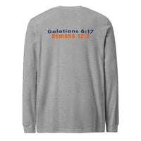 Athletic heather long sleeve Christian shirt – soft gray tones back verses
