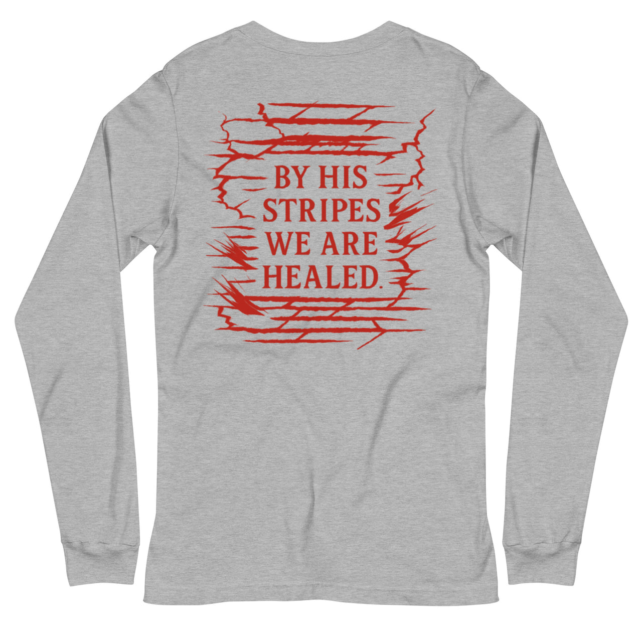 Athletic heather Christian long sleeve shirt – red bold Isaiah 53:5 back graphic
