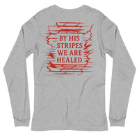 Athletic heather Christian long sleeve shirt – red bold Isaiah 53:5 back graphic