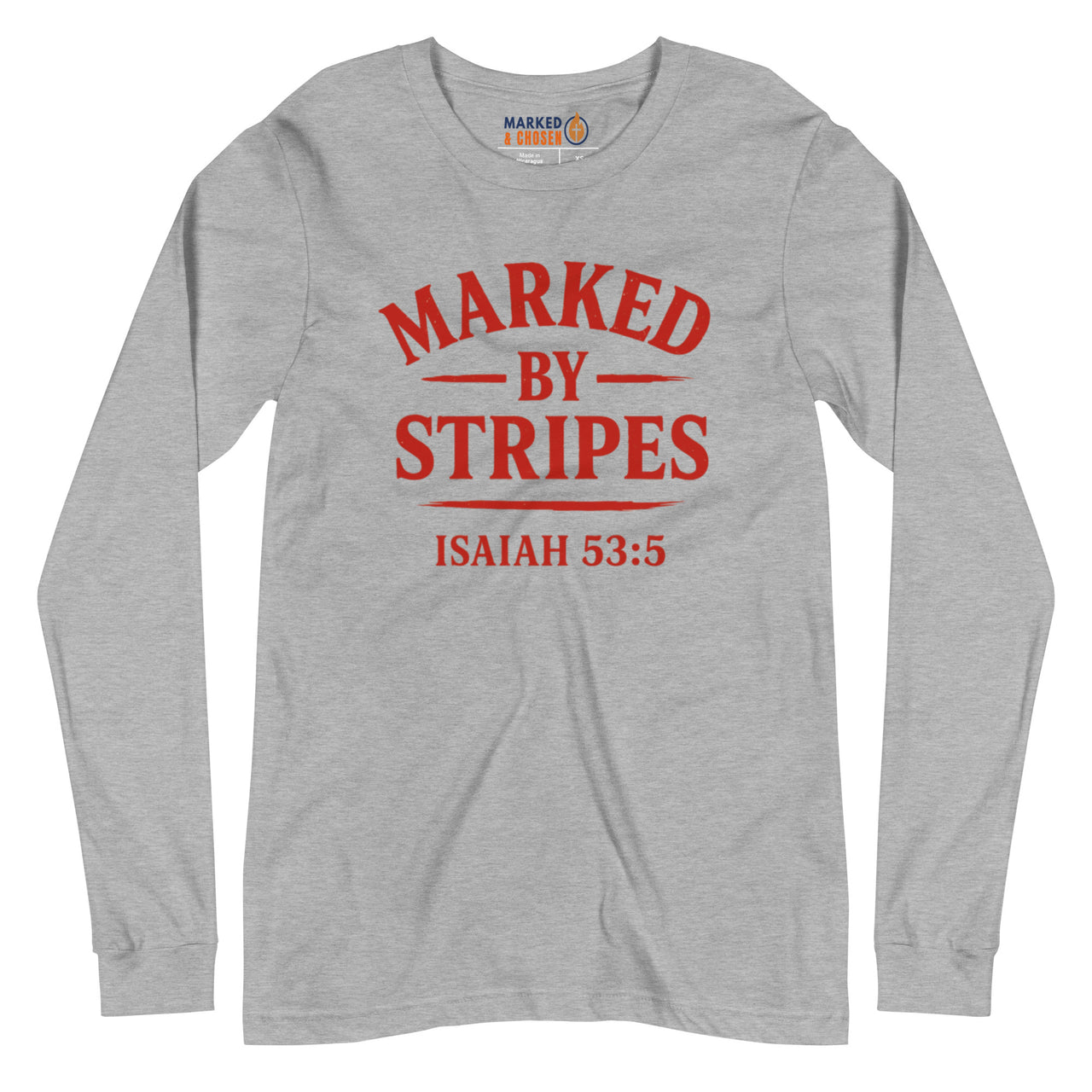 Athletic heather Christian long sleeve shirt – red front logo
