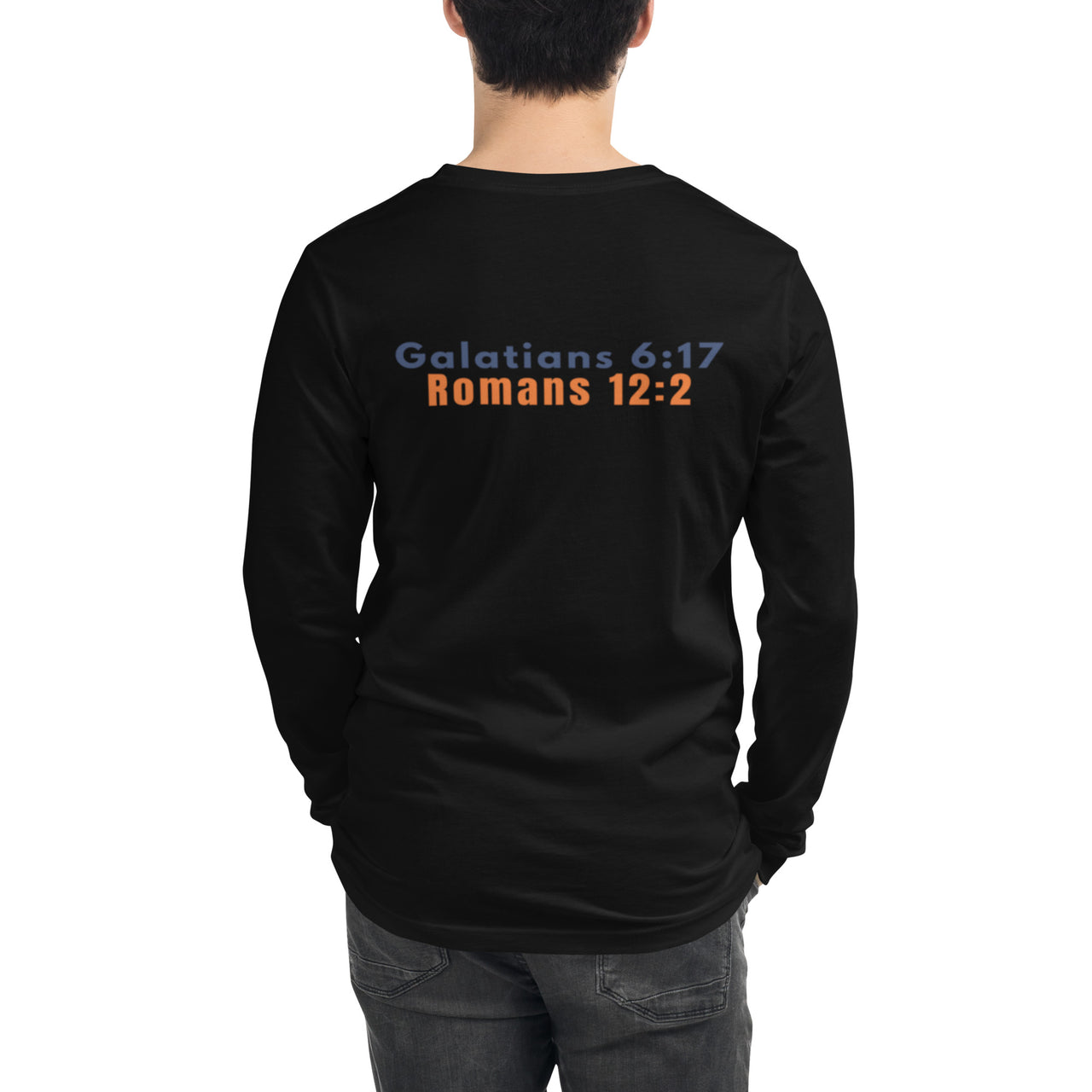 Man wearing black gospel long sleeve shirt – scripture print across the back