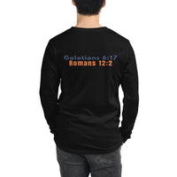 Man wearing black gospel long sleeve shirt – scripture print across the back
