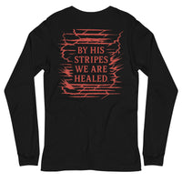 Marked by Stripes black Christian long sleeve shirt – red Isaiah 53:5 back design