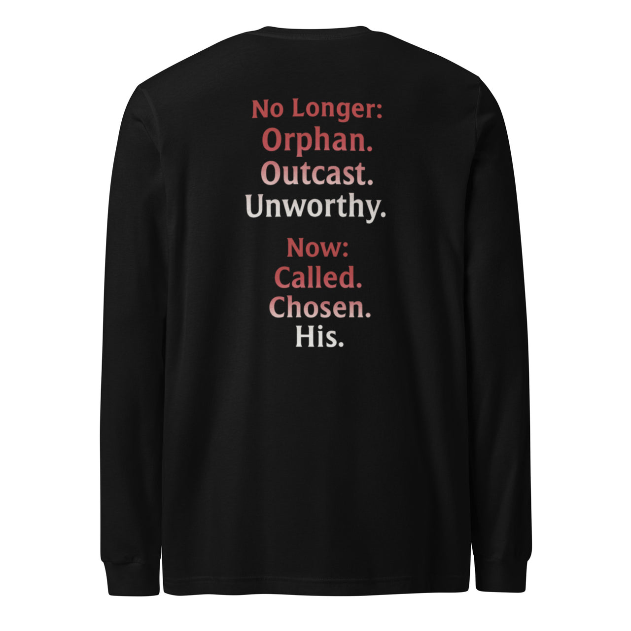 Renamed Long Sleeve T-Shirt Black flat lay mockup showing back word stack design.