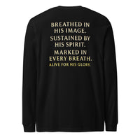 My Breath Bears His Name Long Sleeve T-Shirt Black flat lay back mockup with word stack design