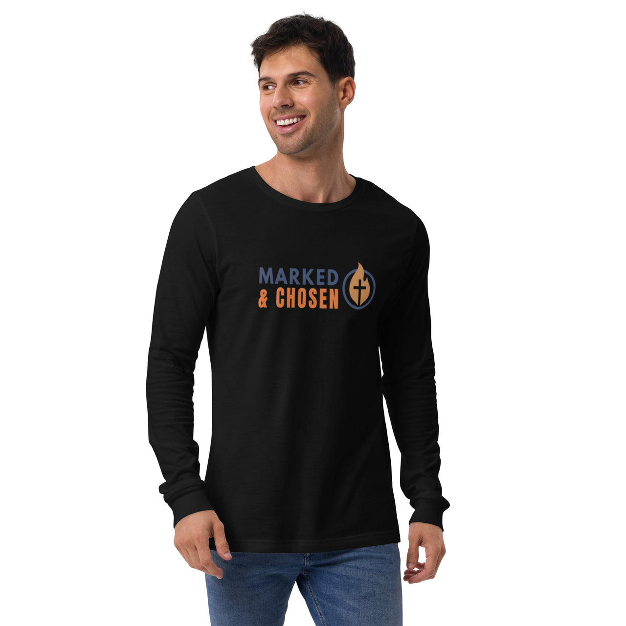 Man wearing black Christian long sleeve t-shirt – Marked & Chosen logo front design