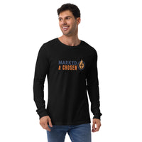 Man wearing black Christian long sleeve t-shirt – Marked & Chosen logo front design
