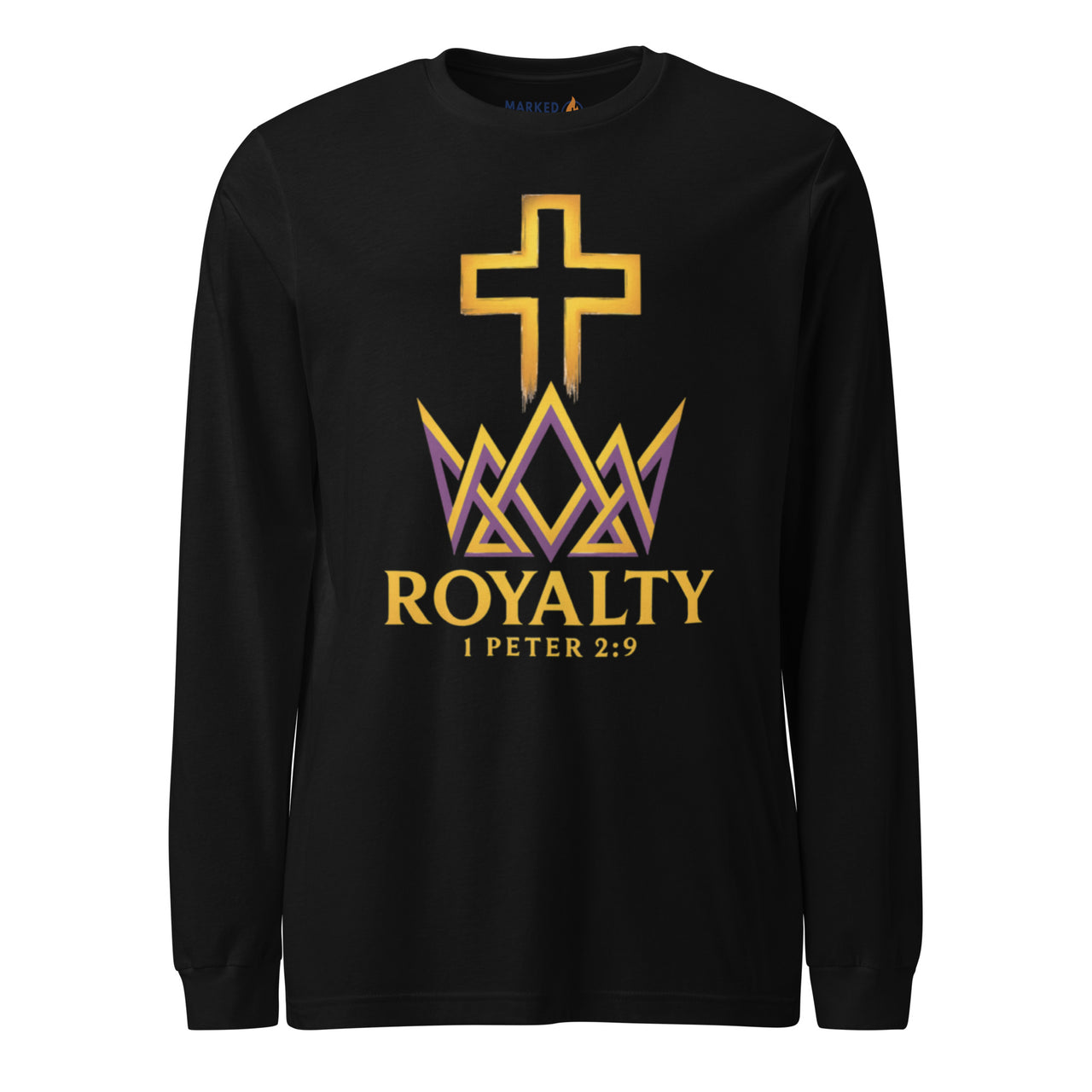 Black Royalty long sleeve Christian shirt – printed gold cross and crown front with 1 Peter 2:9