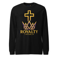 Black Royalty long sleeve Christian shirt – printed gold cross and crown front with 1 Peter 2:9