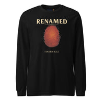 Renamed Long Sleeve T-Shirt Black flat lay mockup showing front fingerprint design.