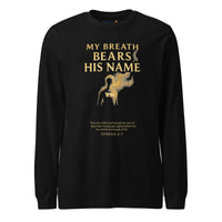 My Breath Bears His Name Long Sleeve T-Shirt Black flat lay front mockup with glowing breath silhouette design