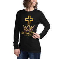 Woman wearing black Royalty long sleeve t-shirt – gold and royal purple front design with 1 Peter 2:9