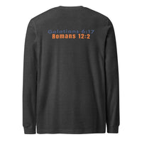 Dark gray heather long sleeve Christian shirt – bold scripture back