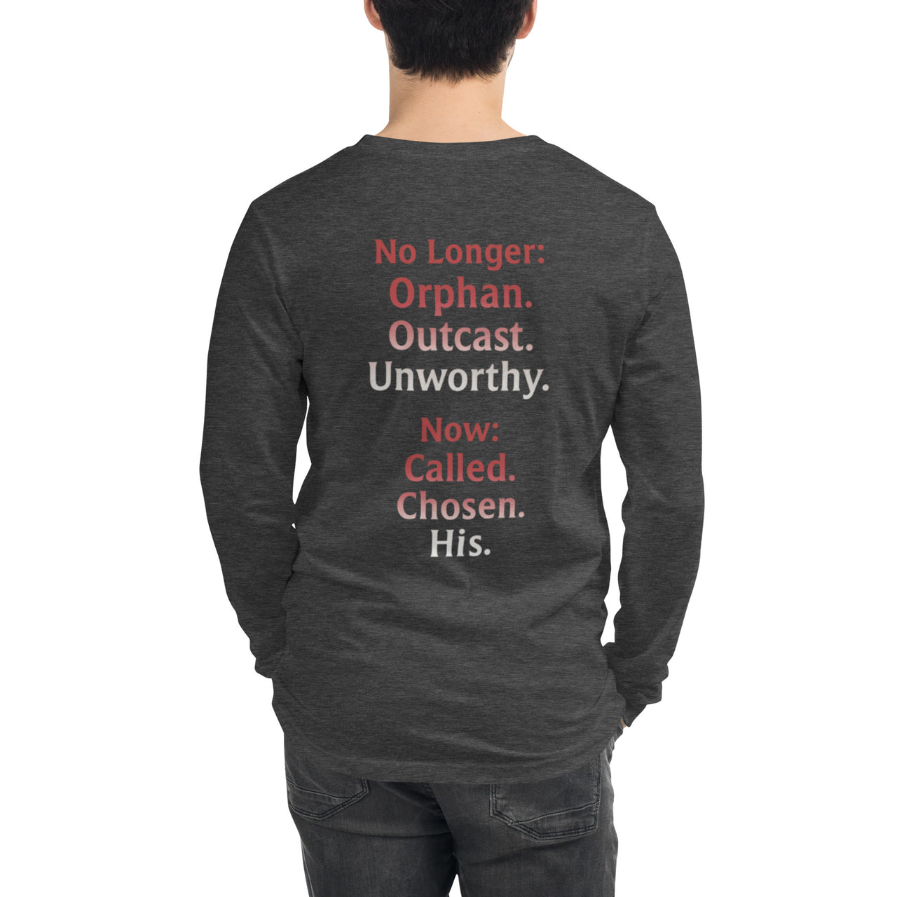 Male model wearing Renamed Long Sleeve T-Shirt in Dark Grey Heather, back word stack design