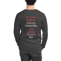 Male model wearing Renamed Long Sleeve T-Shirt in Dark Grey Heather, back word stack design