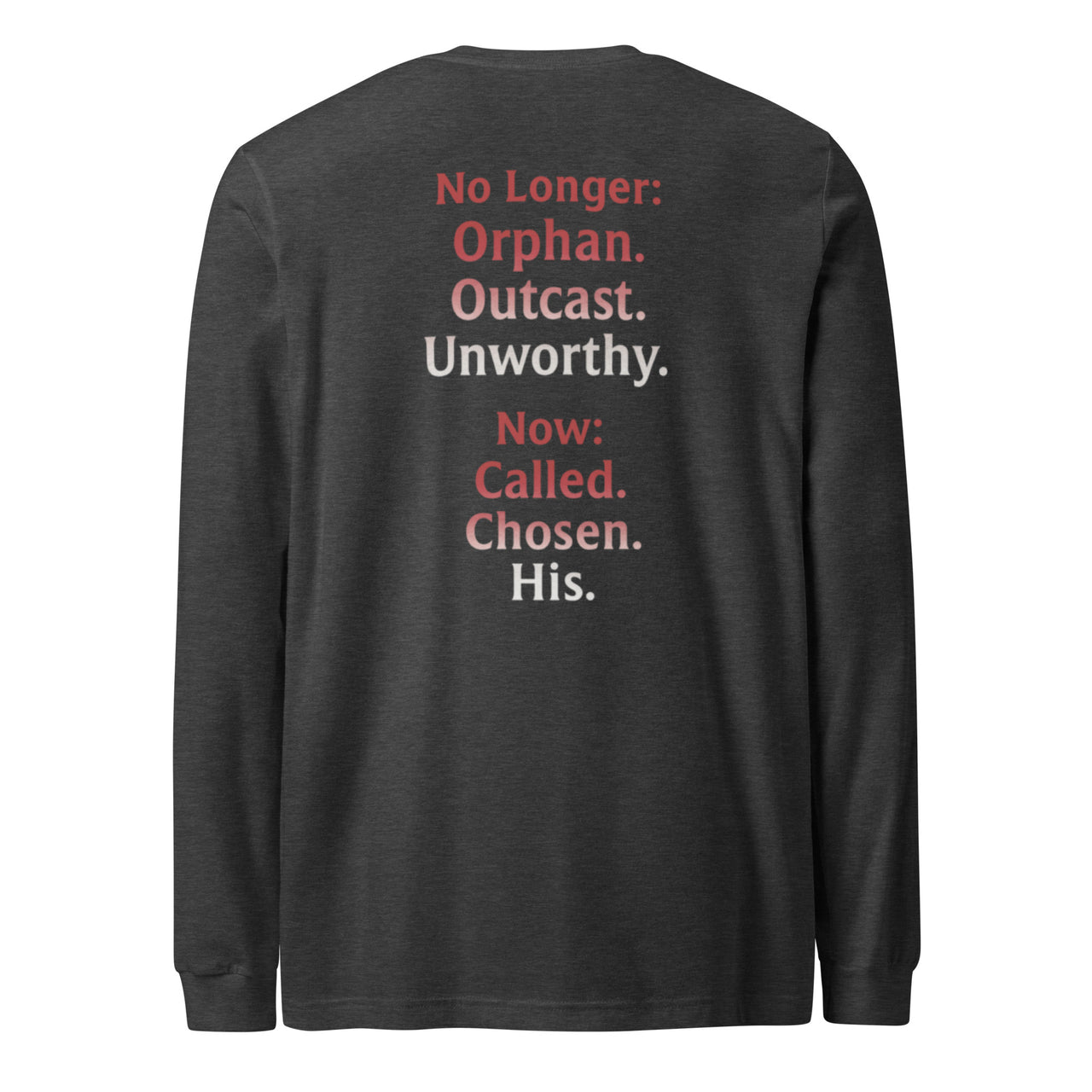 Renamed Long Sleeve T-Shirt Dark Grey Heather flat lay mockup showing back word stack design.