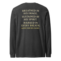 My Breath Bears His Name Long Sleeve T-Shirt Dark Grey Heather flat lay back mockup with word stack design