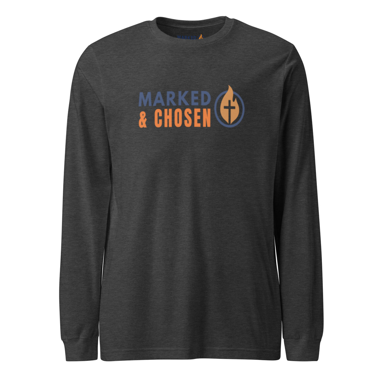 Dark gray heather long sleeve Christian shirt – minimalist gospel logo front