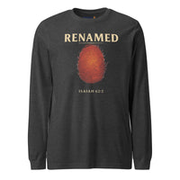 Renamed Long Sleeve T-Shirt Dark Grey Heather flat lay mockup showing front fingerprint design.