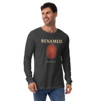 Male model wearing Renamed Long Sleeve T-Shirt in Dark Grey Heather, front fingerprint design