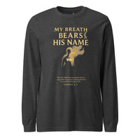 My Breath Bears His Name Long Sleeve T-Shirt Dark Grey Heather flat lay front mockup with glowing breath silhouette design